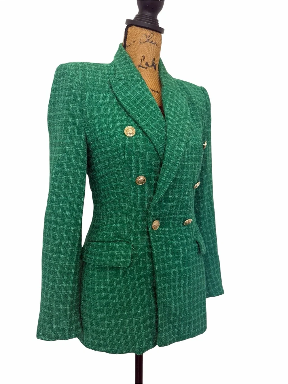 ZARA Emerald Green Tweed Blazer Gold Crest Buttons Structured Jacket Small